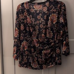 Tahari Black Floral Wrap Top with Peach & Cream Blooms